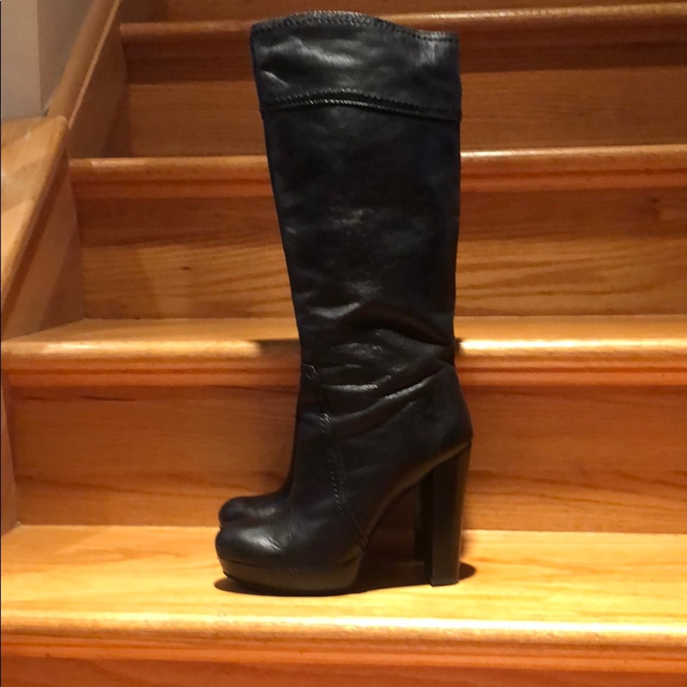 Leather platform stack heel Boots hits below knee
